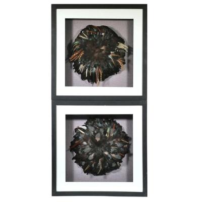 (2pc) FRAMED JUJU FEATHER HATS | 3-dimensional framed feather hats, probably African or Senegalese.
h. 19.75 x w. 19.75 x d. 3 in.
