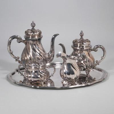 (5pc) J. SCHICKMAN 925 GERMAN STERLING SILVER TEA & COFFEE | Gadrooned pattern decoration, comprising; a teapot, coffee pot, open...