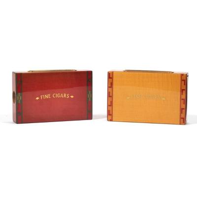 (2pc) FRENCH ELIE BLEU MAPLE INLAY AMBOYNA BURL CIGAR MATCHBOX HOLDERS | One reddish, the other yellowish, with fine inlay decorations...