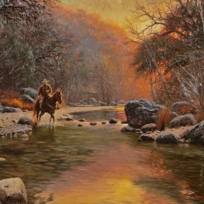 MARK KEATHLEY (B. 1963) COWBOY OIL ON CANVAS | Cowboy at sunset
Oil on canvas
Signed lower right
24 x 30 in. Stretcher
h. 35.25 x w. 40.5...