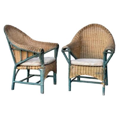 PAIR ENGLISH ARTS & CRAFTS STYLE RATTAN WICKER ARMCHAIRS | Pair of wicker curved back armchairs with painted blue rattan frames,...
