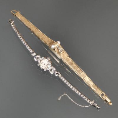 (2pc) 14K YELLOW GOLD & 14K WHITE GOLD LADY'S WATCH BRACELETS | Including a white gold Longines lady's wrist watch with...