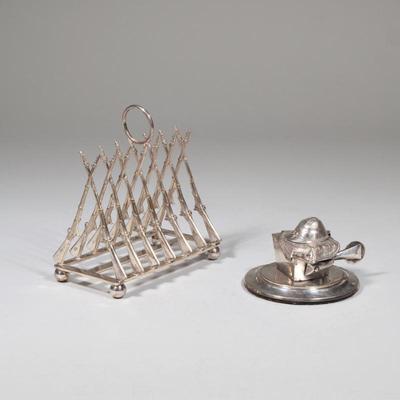 (2pc) ENGLISH SILVERPLATE TABLE ITEMS; CROSSED RIFLES LETTER HOLDER, RIDING CAP INKWELL | Toast or Letter rack holds 6 pieces of Toast or...