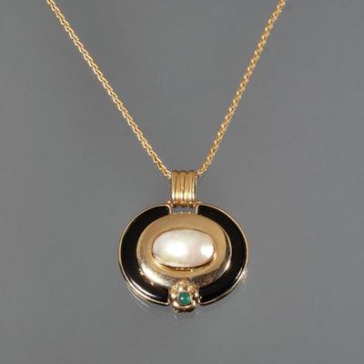 REVERSE INTAGLIO & ENAMEL 14K GOLD PENDANT NECKLACE | A reversible gold and enamel pendant (approx. 1.5 x 1.5 in. over bail), one...
