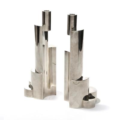 PAIR DAMIAN GARRIDO STERLING SILVER MODERNIST CANDLESTICKS | Spanish 925 Sterling Silver Signed Candlesticks 
total weight 53.56 Troy Oz...