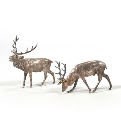 PAIR ASPREY STERLING SILVER STAG FIGURES, LONDON | Fully hallmarked Asprey London 1999 Sterling silver 10.4 Troy oz
h. 4 x w. 2 x l. 4 x...