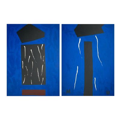 (2pc) EMERSON WOELFFER (1914-2003) LITHOGRAPHS | Geometric designs in black and brown on royal blue background. Both are numbered prints...