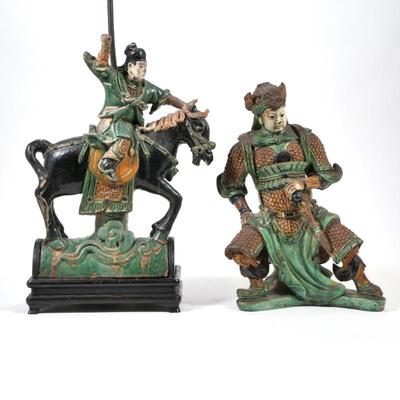 (2pc) ANTIQUE CHINESE GLAZED EARTHENWARE CERAMICS | Including a Chinese standing warrior figure and a roof tile in the form of warrior on...