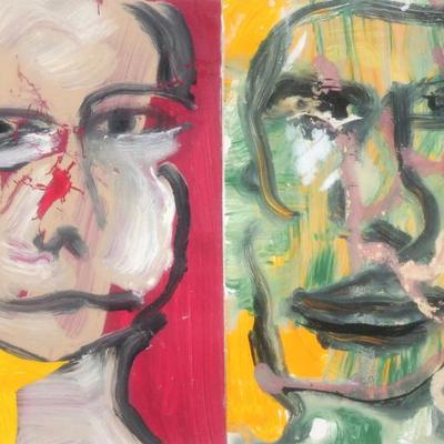 HAROLD GARDE (1923-2022) DIPTYCH | Abstract faces
Acrylic on canvas
6.5x9.75 (together) in. Sight
Signed and dated bottom, hidden by frame
