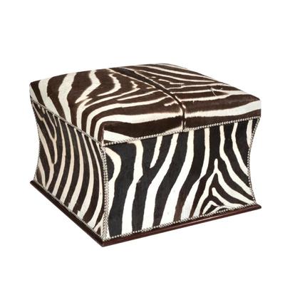 BESPOKE ZEBRA UPHOLSTERED OTTOMAN (1 OF 3) | large box-form ottoman overupholstered on all sides with zebra hide, tack border, and a...