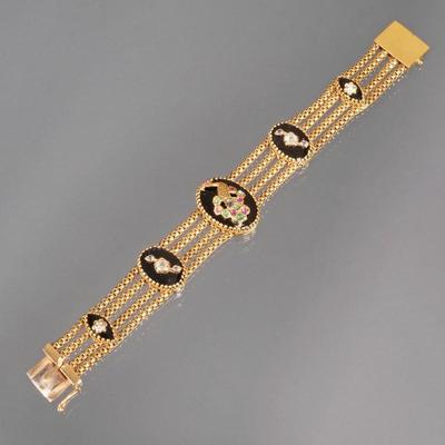 14K GOLD & MULTI-GEM STATION BRACELET | Designed as 4 flexible yellow gold box link chains connected at 5 graduated onyx & multi...