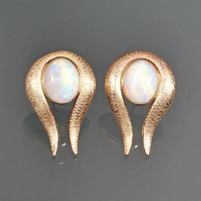 PAIR OPAL CABOCHON & 14K GOLD EARRINGS | Post back earrings, each mounted with an oval opal approx. 10 x 8 mm, set in brushed yellow...