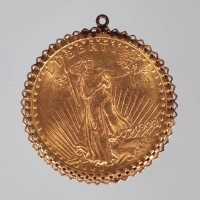 1908 US $20 GOLD COIN PENDANT | 1908 twenty dollar American Walking Liberty gold coin in an unmarked gold prong-set surround, 37mm; 37.0g
