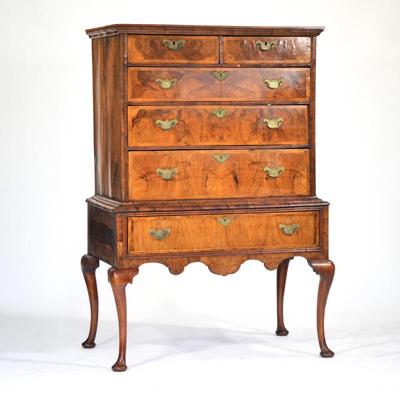 AMERICAN QUEEN ANNE FLAT TOP HIGHBOY | The top two half-drawers over three full width drawers, the lower section with a single drawer...