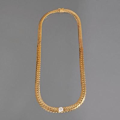 DIAMOND & 14K CURB LINK NECKLACE | Having a central approximately .95 ct (5.90 x 6.00 x 3.65) round brilliant diamond bezel set in a...