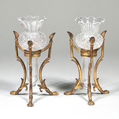 PAIR F&C OSLER CUT GLASS & ORMOLU VASES | Pair of F&C Osler ornate vases or candlesticks with cut glass center on ornate gilt...