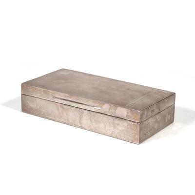 ENGLISH STERLING SILVER HINGED LIDDED BOX | Vintage English hinged box with two wood lined compartments.
Total weight: 18.73 ozt
