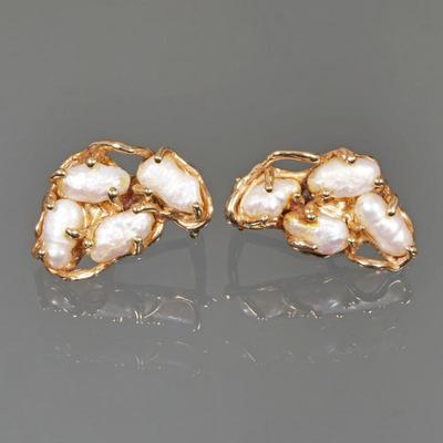 PAIR BAROQUE PEARL & 14K GOLD EARRINGS | Each earring designed as a cluster of 4 baroque pearls, with posts and omega safety backs,...