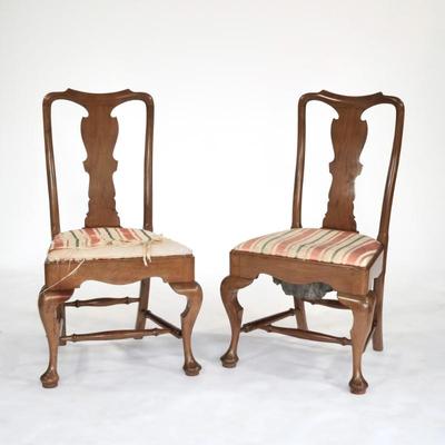 PAIR QUEEN ANNE SIDE CHAIRS | probably 19th century, cabriole legs
h. 39 x w. 22.5 x d. 18 in.
