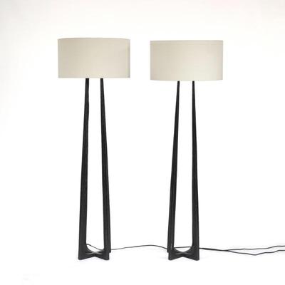 PAIR IAN K. FOWLER SCALA HAND-FORGED FLOOR LAMPS | 
Hand forged and hammered bronze frames, very heavy and sturdy
h. 63 x w. 12 x d. 12 in.