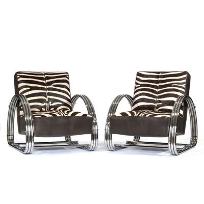 PAIR ZEBRA PATTERN, LEATHER, & CHROME ARMCHAIRS, RALPH LAUREN | Hudson Street Lounge Chairs, Zebra upholstered seats and backs,...