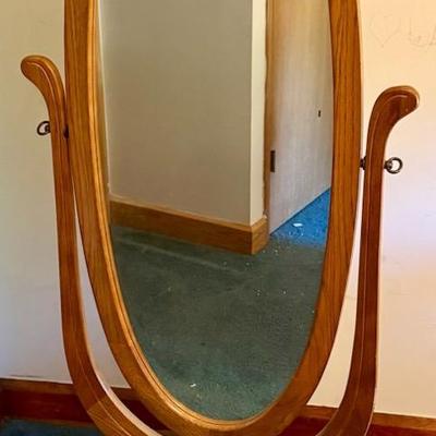 Tall Oak Cheval Standing Mirror, Vintage