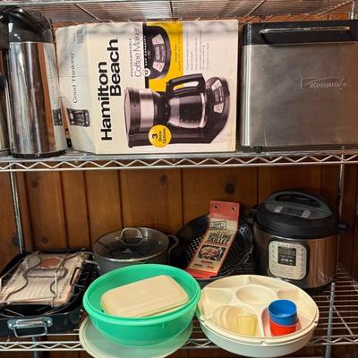 Kitchen Goods Cleanout (2 Shelves) With Tupperware, Instant Pot, Kenmore Bread Maker ++