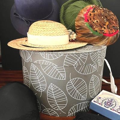Vintage Hats (5), Beaded Bag, Needlepoint Wallet, Hat Box