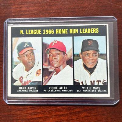 1967 Topps Baseball Card. National League Home Run Leaders. Hank Aaron, Willie Mays, & Richie Allen