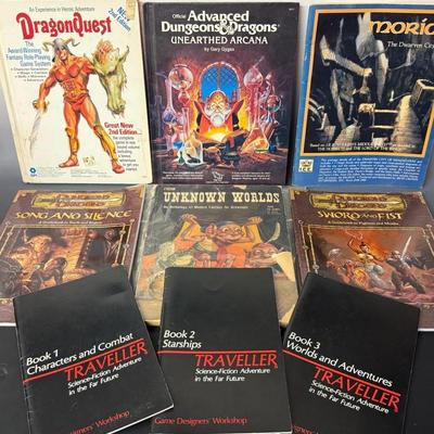 Vintage RPG & Fantasy Books (9), 1st Ed. Gygax D&D, 1948 Unknown Worlds, Moria, Dragonquest