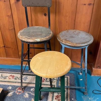 Two Vintage National Distillers Iron Stools With Wood Stool