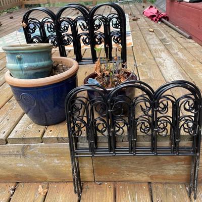 Three Glazed Pottery Pots With Metal Garden Fence Edging (10)