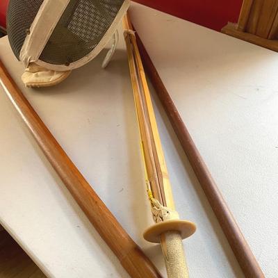 Shinai Bamboo Sword With Martial Arts Sticks And Vintage Fencing Helmet 