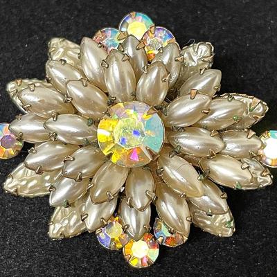 Vintage Faux Pearl and Aurora Borealis Brooch