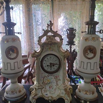 Great antique royal bonn clock and great portrait lamps