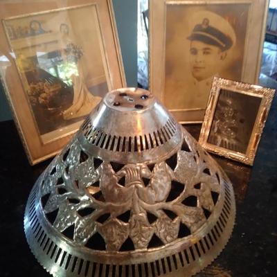Silverplate  large lamp shade pair of matching 8 by 10 frames small silver frame