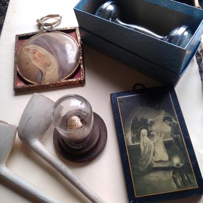  items gold thimble pewter rattle