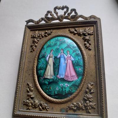 Antique Russian enamel framed oval plaque bronze