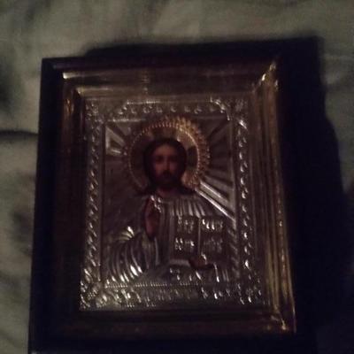 Sterling silver Russian icon in wood frame