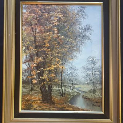 Framed Trees & Stream Painting - Signed by Brooke