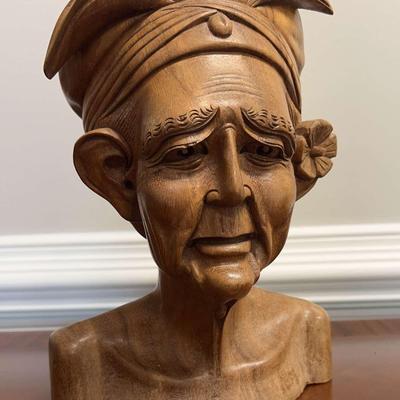 Vintage Carved Wood Bust of Person with Flower on Their Ear