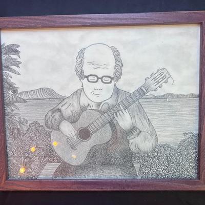Framed Drawing of Man with Guitar - Signed Hansen ‘95