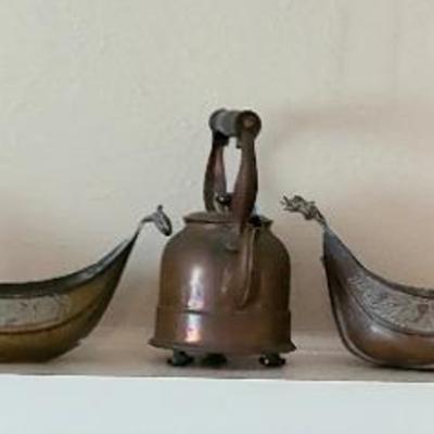 Vintage Brass Ankara Turkish Boats With Antique Copper Water Pitcher & More