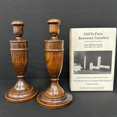 Wooden Candle Holders + Beeswax Candles