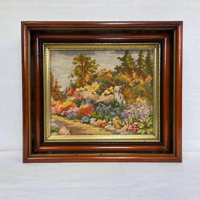 Framed Needlepoint Of Flowers & A Waterfall