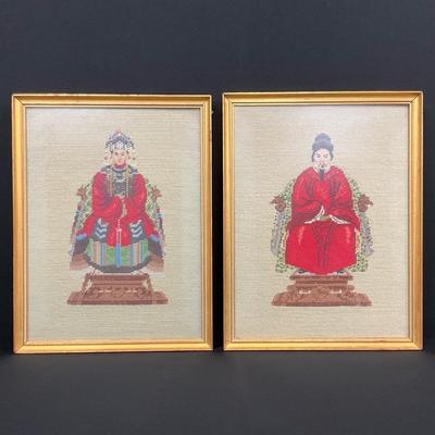 Pair of Framed Needlepoints of Chinese Emperor & Empress