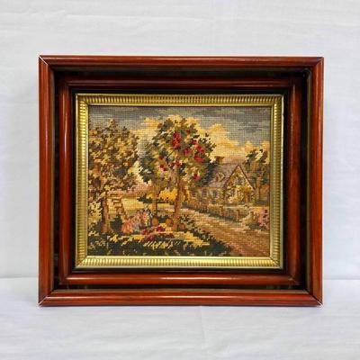 Framed Needlepoint Of A House & Apple Trees