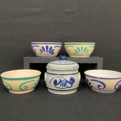 Vintage Gerzit Stoneware Lidded Container With Stoneware Bowls