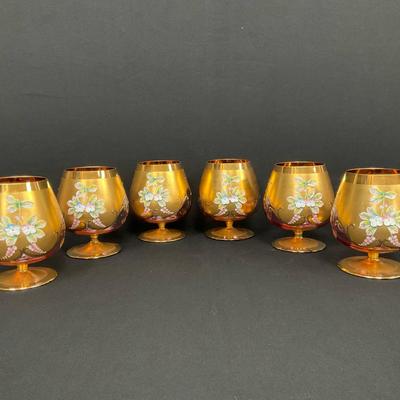 Vintage Bohemia Enameled Queen-Helene Brandy Snifters