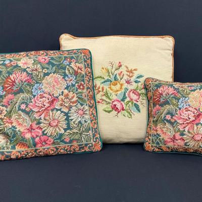 Three Floral Needlepoint Pillows